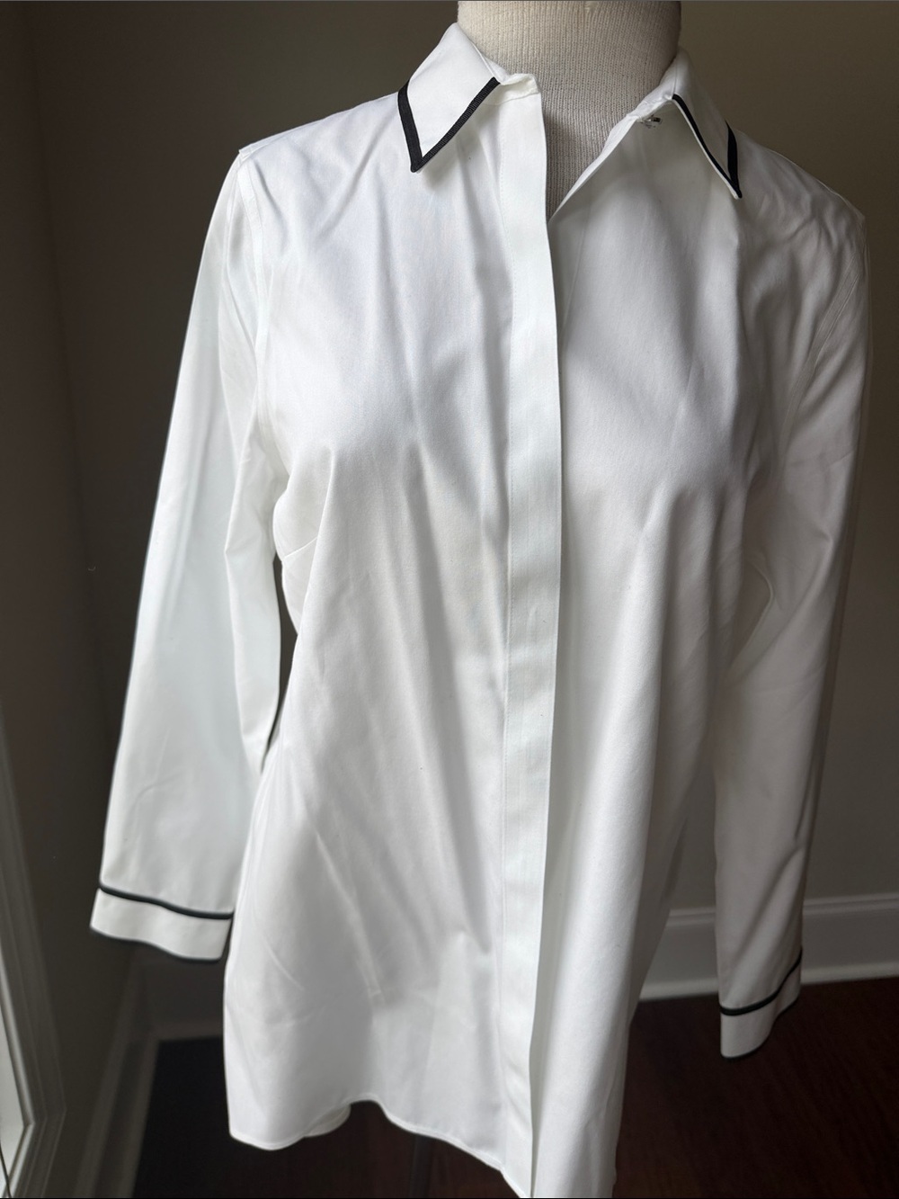 Chico's White Button-Front Blouse with Black Piping
